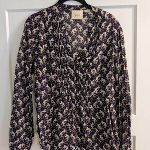 Anthropologie Cotton Button-Up Purple Patterned Blouse